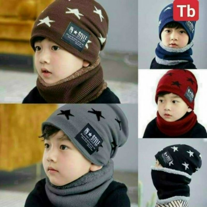 Mũ len ngôi sao kèm khăn ống quàng cổ cho bé trai và bé gái từ 2 - 8 tuổi , 2 lớp dày dặn giữ ấm vùng đầu , vùng tai và còn có khăn bảo vệ cả cổ bé trong thời tiết giá lạnh của mùa đông
