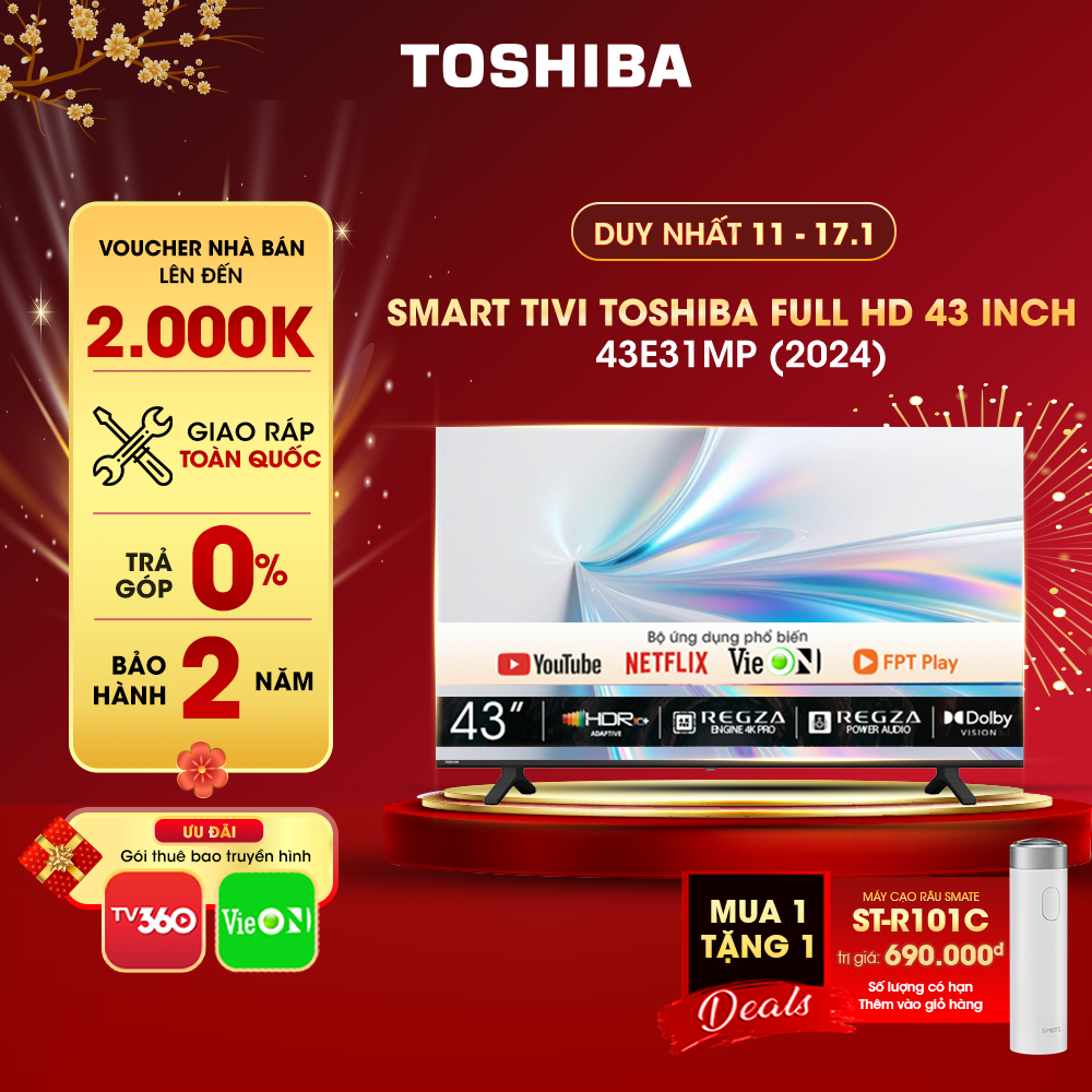 Smart Tivi TOSHIBA 43 inch 43E31MP, Màn Hình LED FULL HD - Loa 20W - Lắp Đặt Toàn Quốc -Hàng Chính Hãng