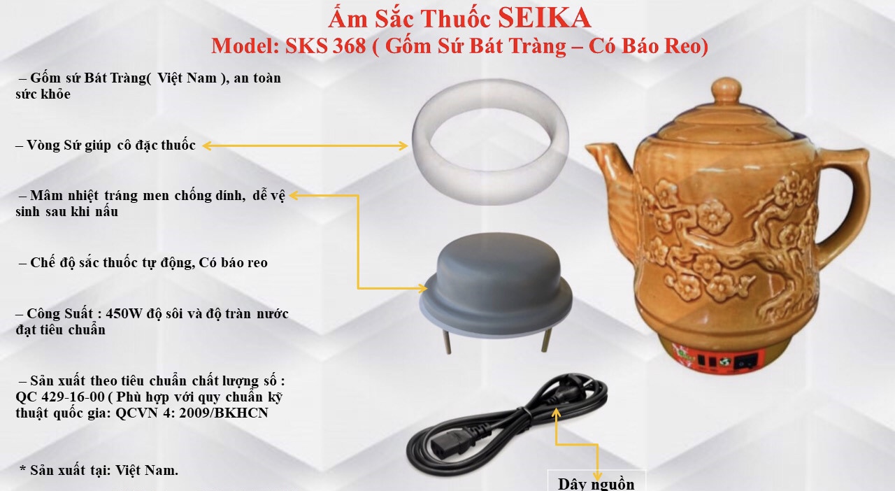 Ấm Sắc Thuốc Seika 3.2L - SKS368 (Gốm Sứ Bát Tràng) - Hàng chính hãng