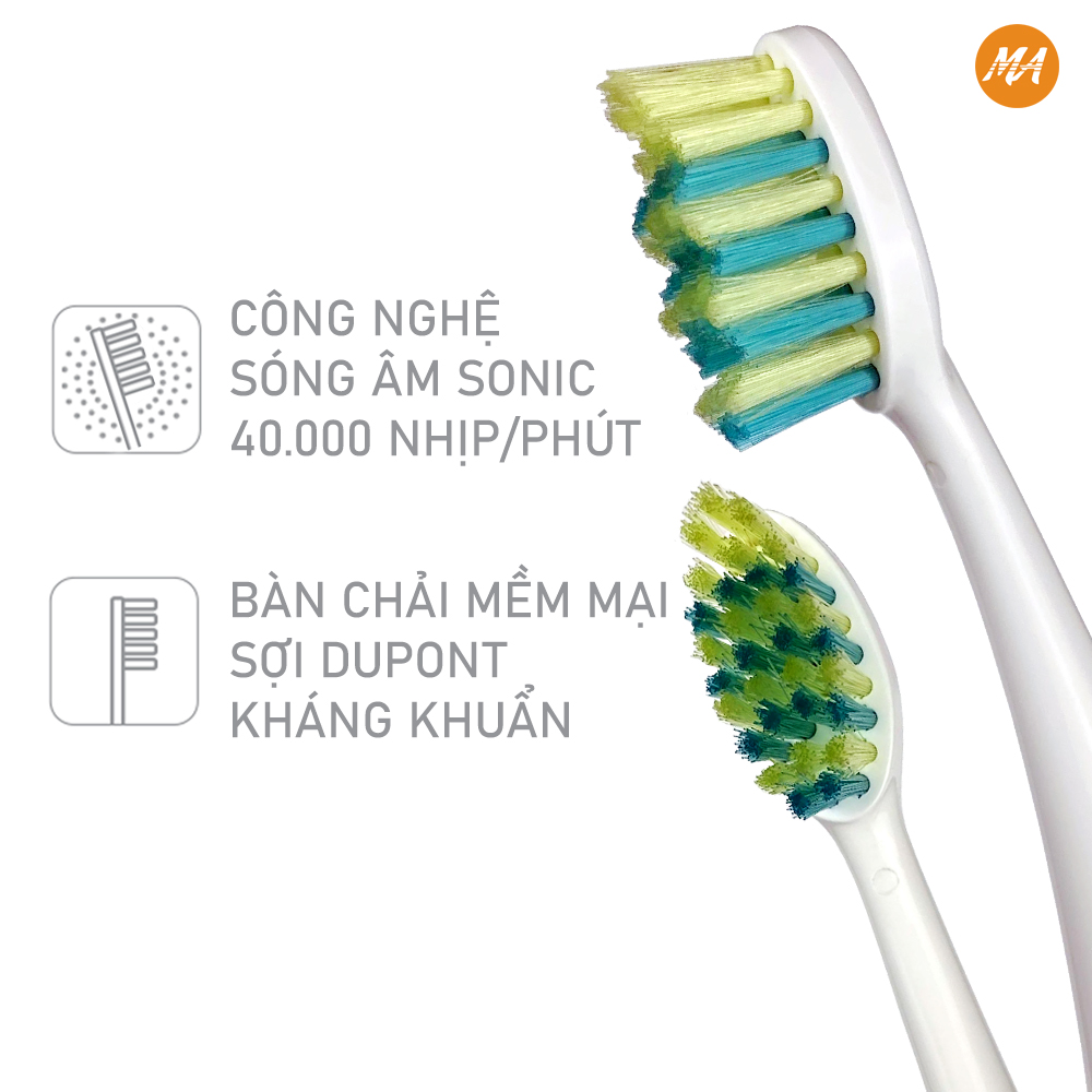 Bàn chải đánh răng điện MaxAir model MA004 công nghệ sóng âm Sonic, 5 chế độ rung, tặng kèm 2 đầu bàn chải, hàng chính hãng