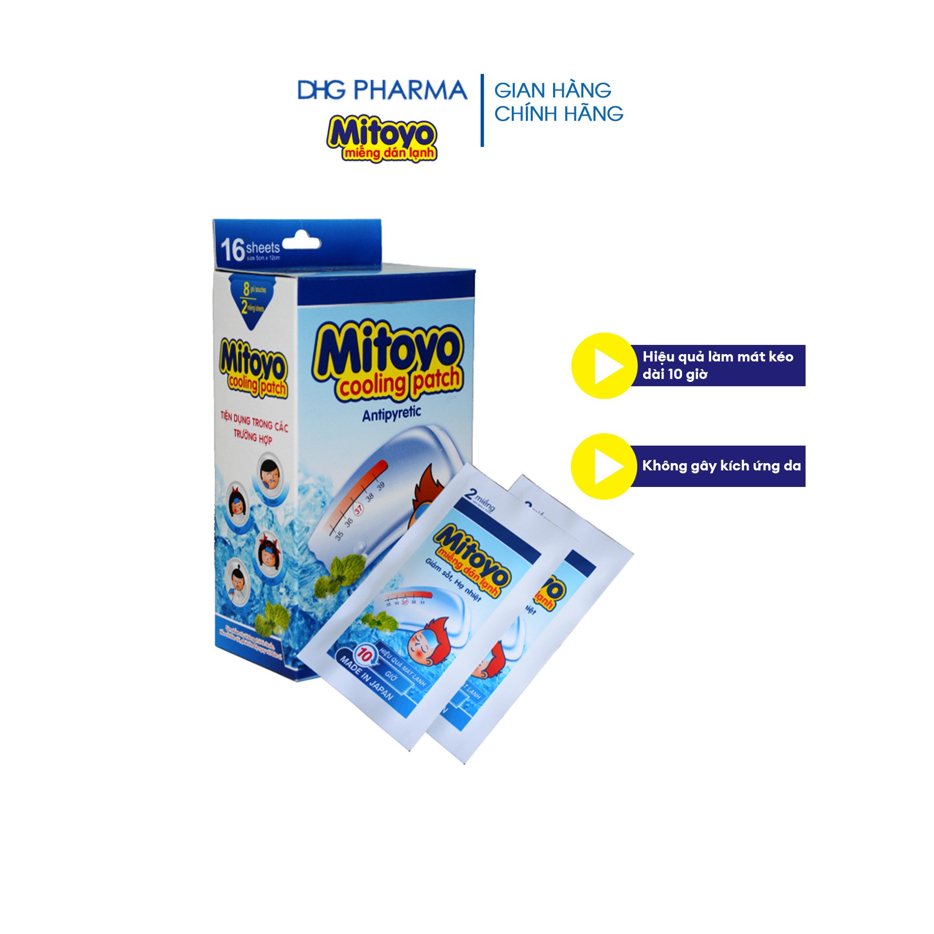 Miếng dán lạnh Mitoyo kéo dài 10 giờ, dịu nhẹ trên da Hộp 8 miếng - Chính hãng DHG Pharma