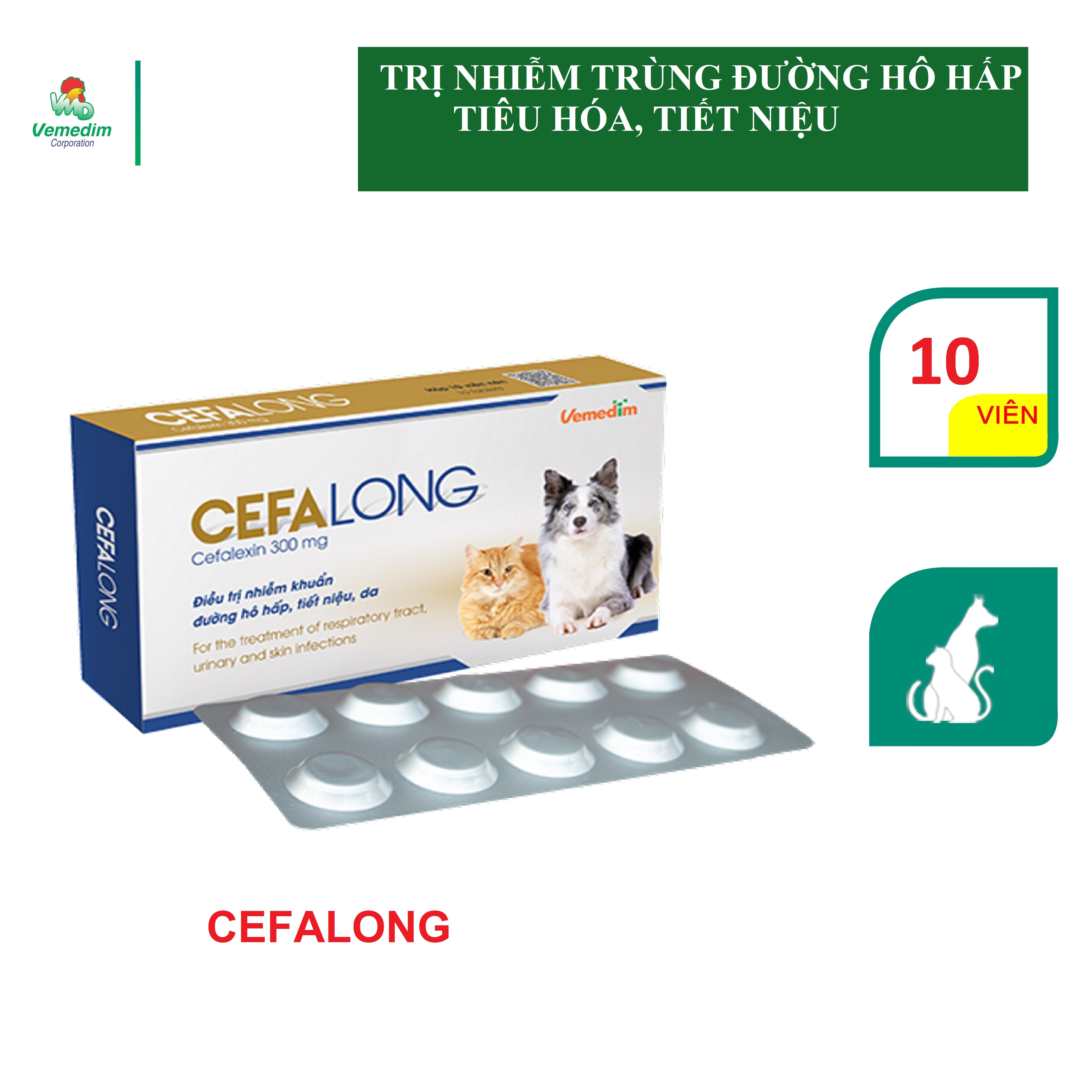 Vemedim Cefalong dạng viên dùng cho chó mèo bị hô hấp, tiết niệu, vết thương, 1 hộp 10 viên