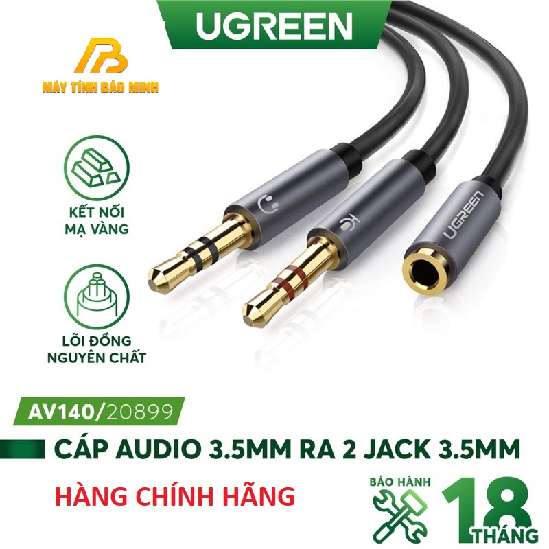 Dây Audio chuyển tai nghe 3.5mm đầu cái sang 2 đầu Mic và Tai nghe đầu đực mạ vàng dài 20CM UGREEN AV140 20899,20897 hàng chính hãng