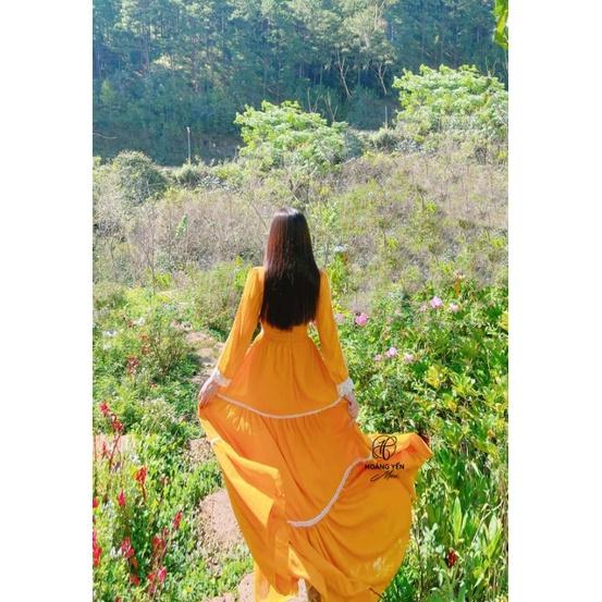 HOANGYEN - Sun Dress đầm tay dài viền ren bohemian voan vàng