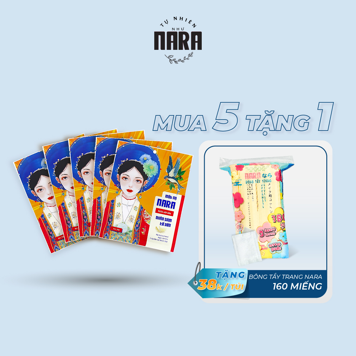 COMBO 5 mặt nạ NARA NGỪA LÃO HOÁ chiết xuất nhân sâm - tổ yến và 1 bông tẩy trang NARA 160 miếng