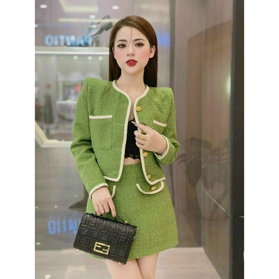 Sét bộ áo khoác dạ viền trắng tay dài kèm chân váy thiết kế nhẹ nhàng Kgia fashion