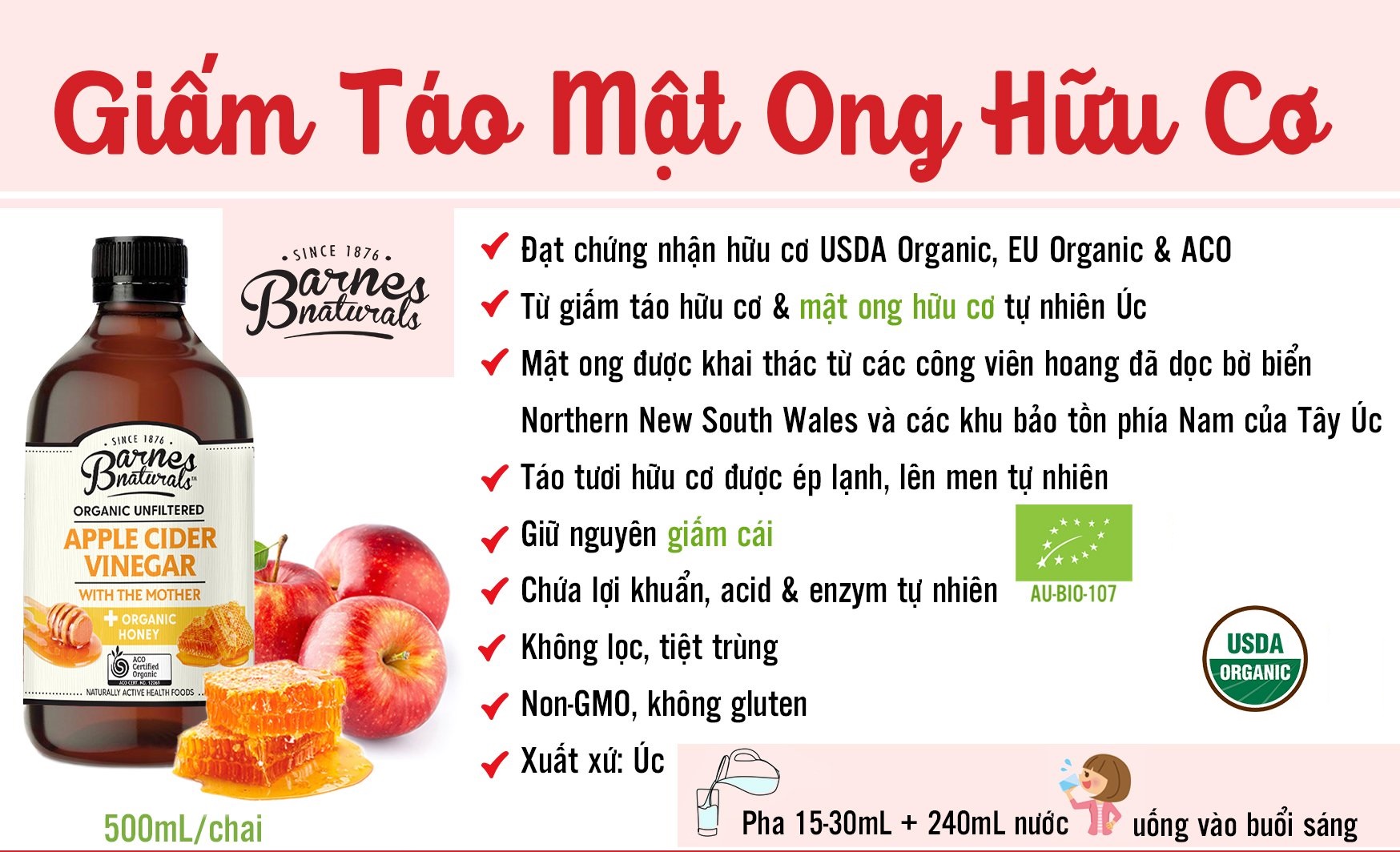 Giấm Táo Mật Ong Hữu Cơ Barnes Naturals - Úc (có giấm cái) 500ml