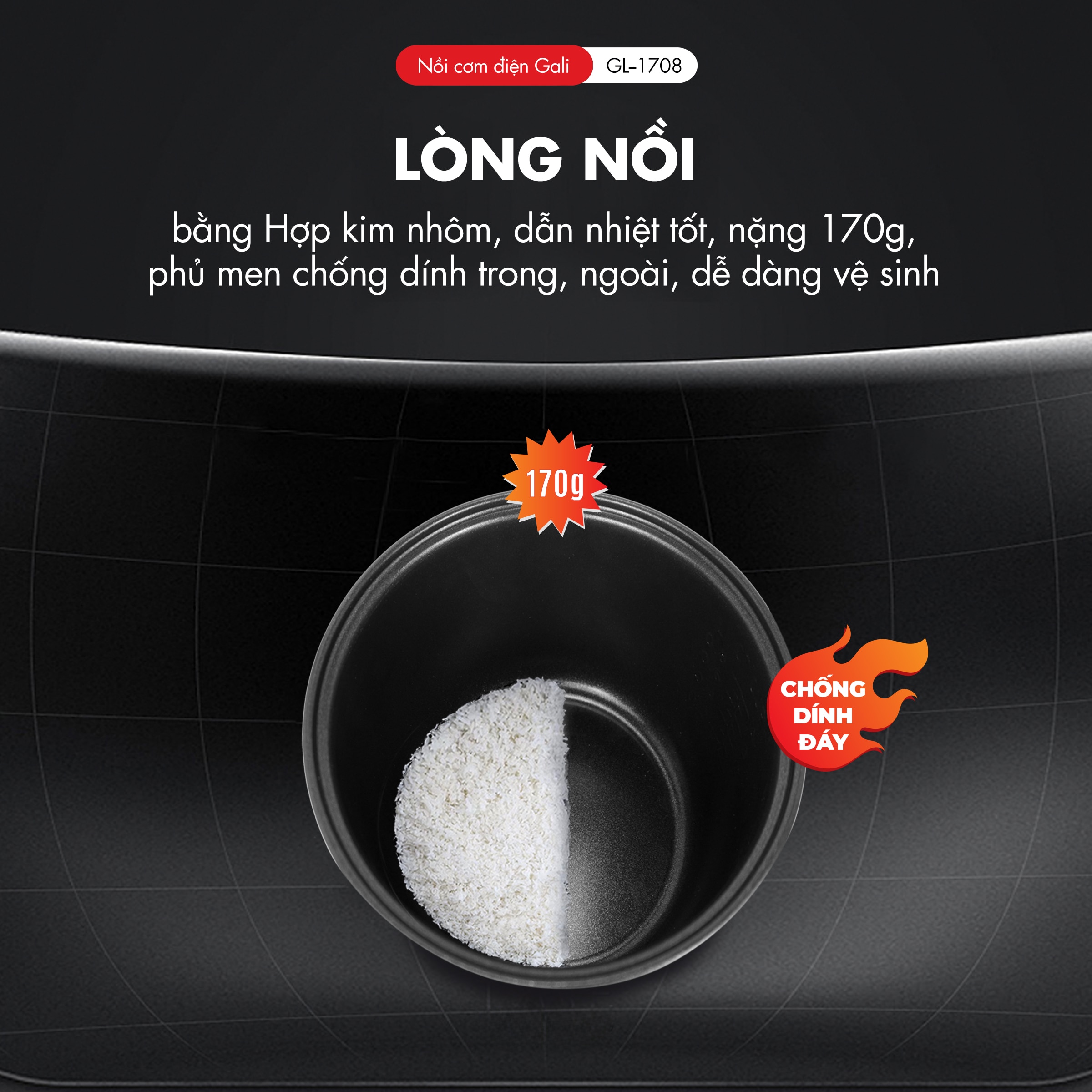 [Chính hãng] Nồi cơm điện GALI GL-1708 0.8 lít. Thiết kế nhỏ gọn, hiện đại, hàng nhập khẩu chất luọng cao, bảo hành 24 tháng