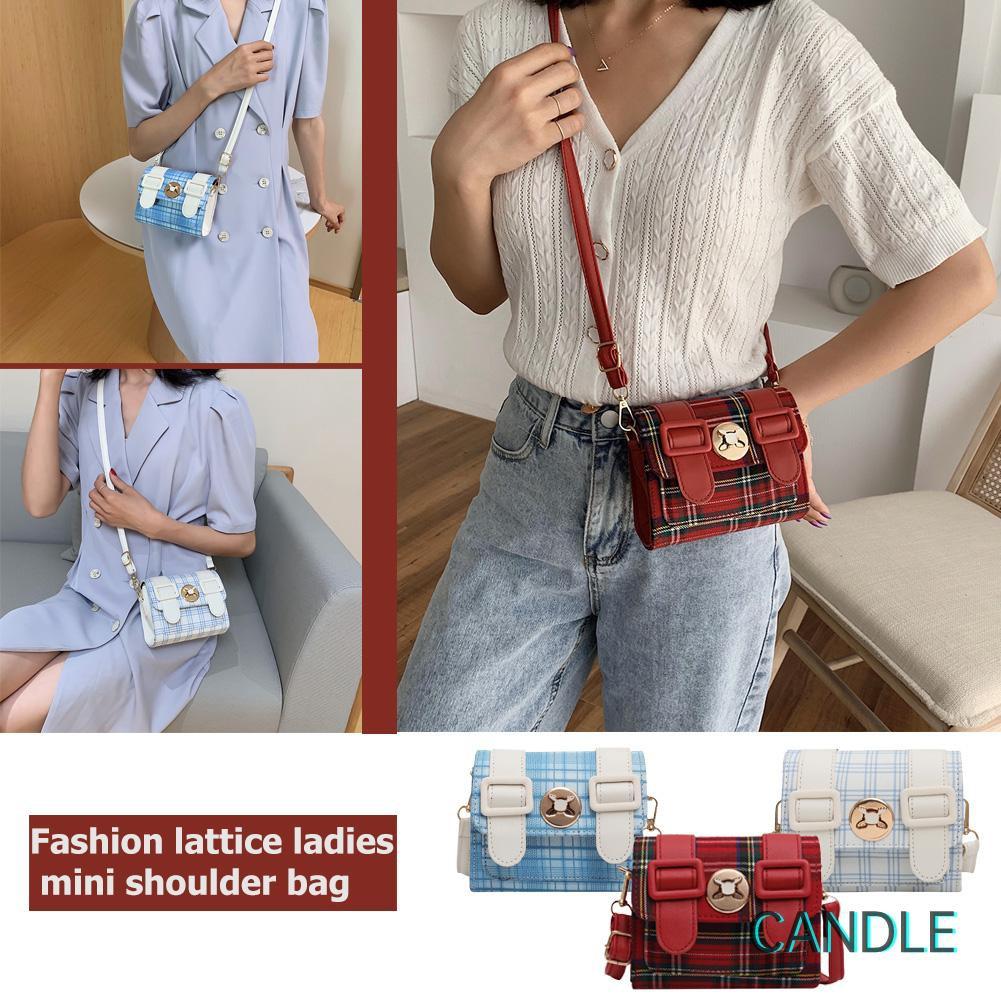 Túi đeo chéo bằng da mini họa tiết kẻ ô xinh xắn