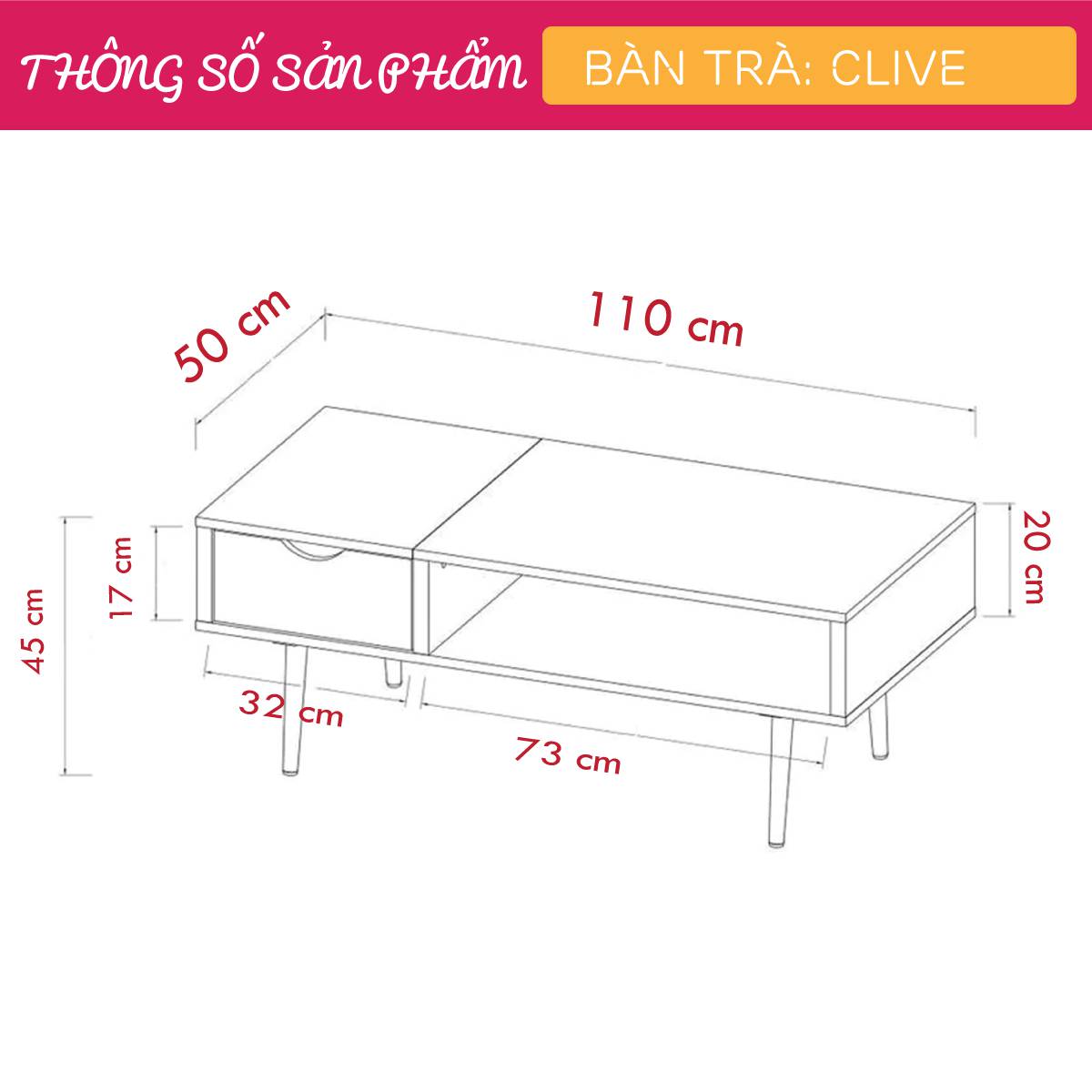 Bàn trà gỗ hiện đại SMLIFE Clive | Gỗ MDF dày 17mm chống ẩm | D110xR50xC45cm