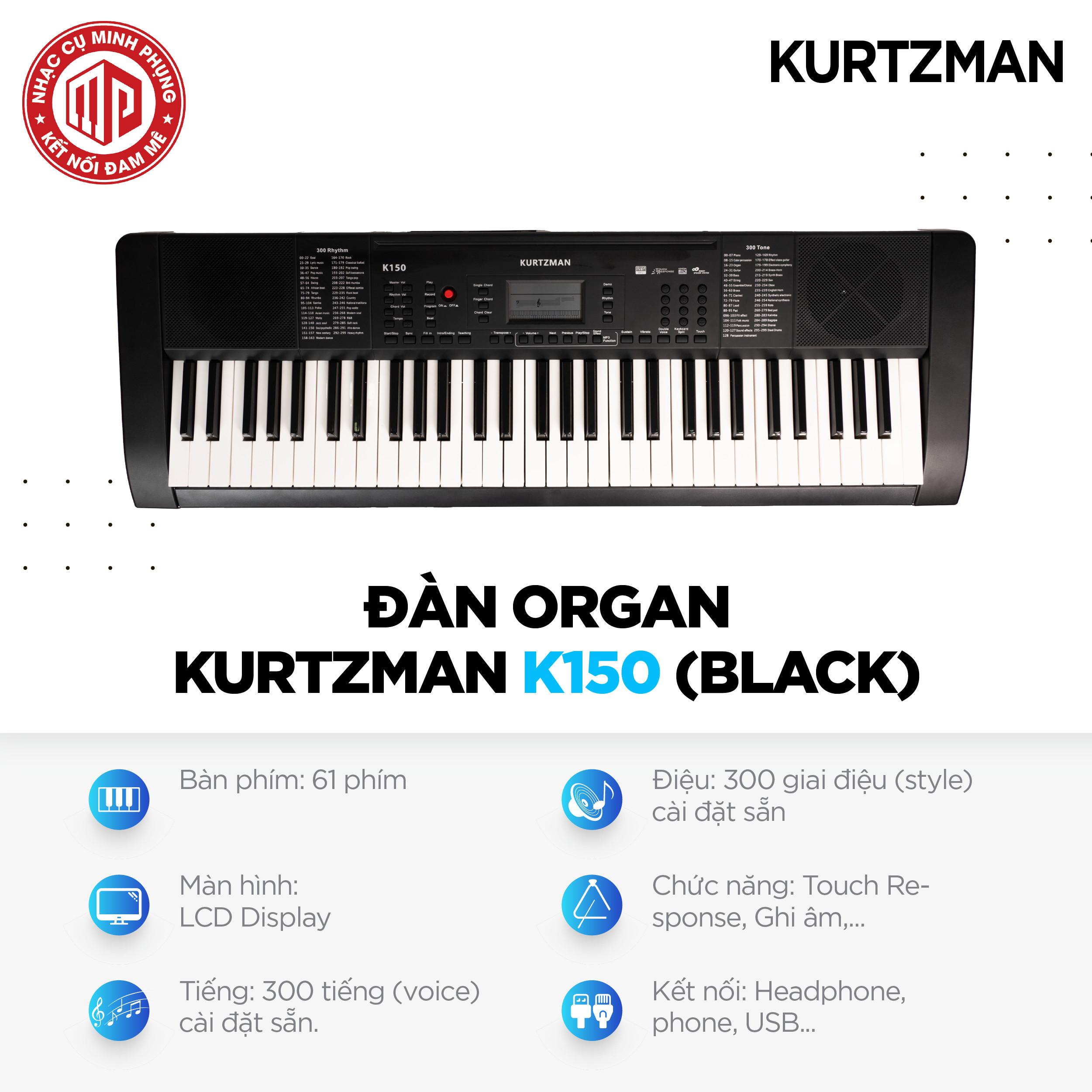 Đàn Organ điện tử/ Portable Keyboard - Kzm Kurtzman K150 - Best keyboard for Beginner - Màu đen (BL) - Hàng chính hãng