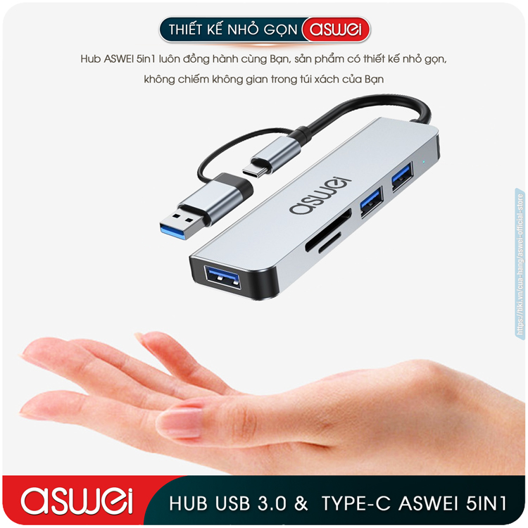 Hub Chuyển Đổi USB Type C ASWEI 5 in 1 To USB 3.0, SD, TF - Hàng Chính Hãng