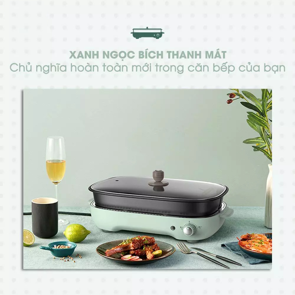 Nồi lẩu điện đa năng ăn lẩu, nướng, làm bánh, ... 3 khay tặng ổ cắm 3 chấu