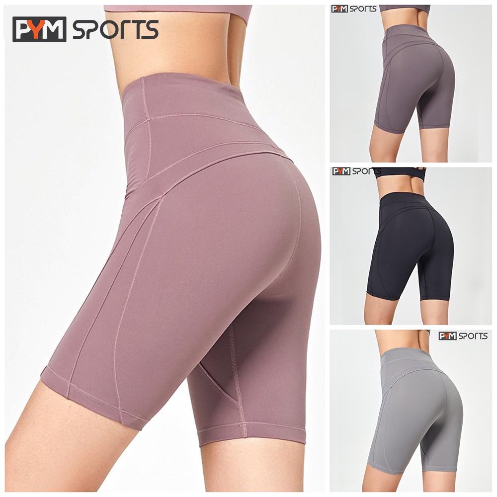 Quần legging đùi tập gym yoga PYMSPORT - PYML029 thun cạp cao, dáng ôm bó, 4 màu đen, tím, ghi, hồng