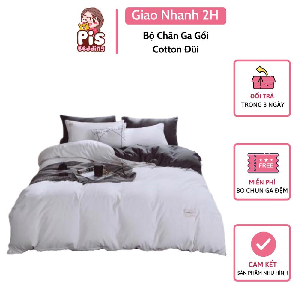 Bộ Chăn Ga Gối Cotton Đũi - Trắng Phối Ghi