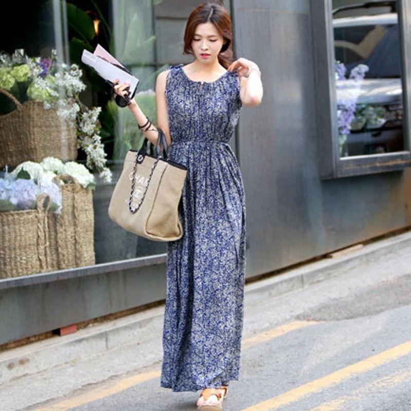Đầm maxi chun eo hoa nhí