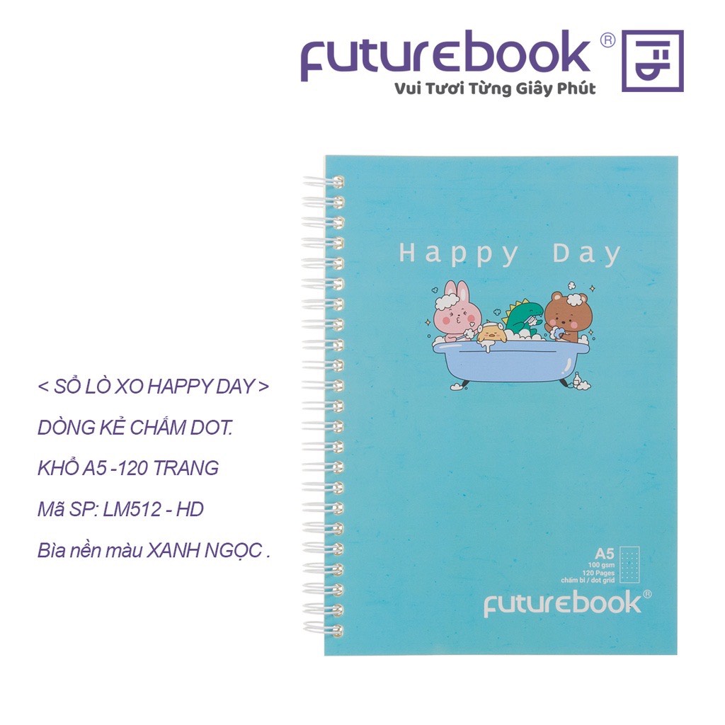 FUTUREBOOK-Sổ Lò Xo Bìa Mềm Happy Day A5-Dòng Kẻ Chấm Dot-Định Lượng 100GSm-120 Trang. Mã SP LM512