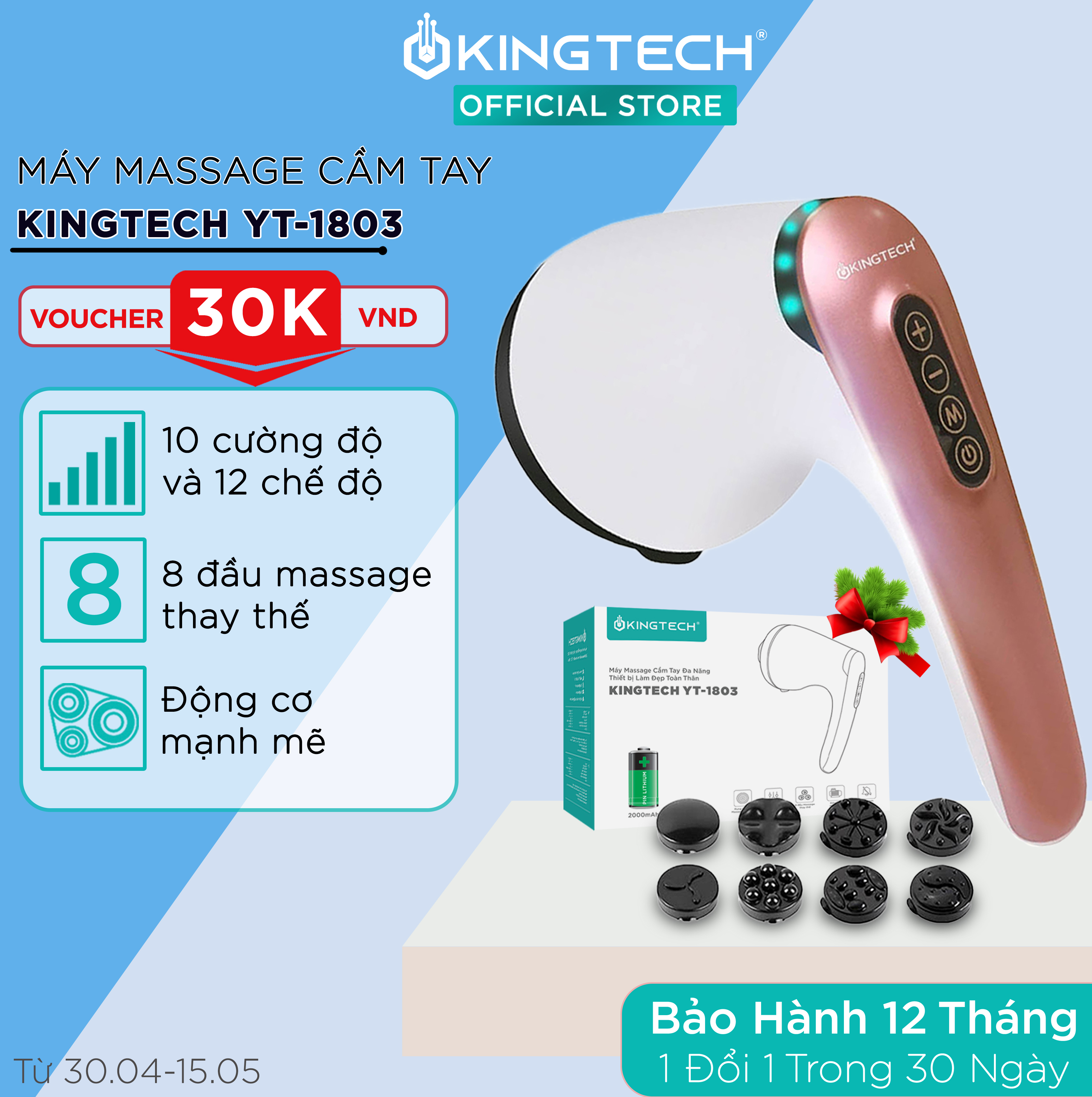 Máy Massage Cầm Tay Đa Năng KINGTECH YT-1803 - Mát Xa Không Dây Toàn Thân - Giảm Đau Cơ, Cứng Khớp Cho Cổ, Vai Gáy, Lưng, Chân, Cánh Tay - Hỗ Trợ Giảm Béo Vòng Bụng - Hàng Chính Hãng