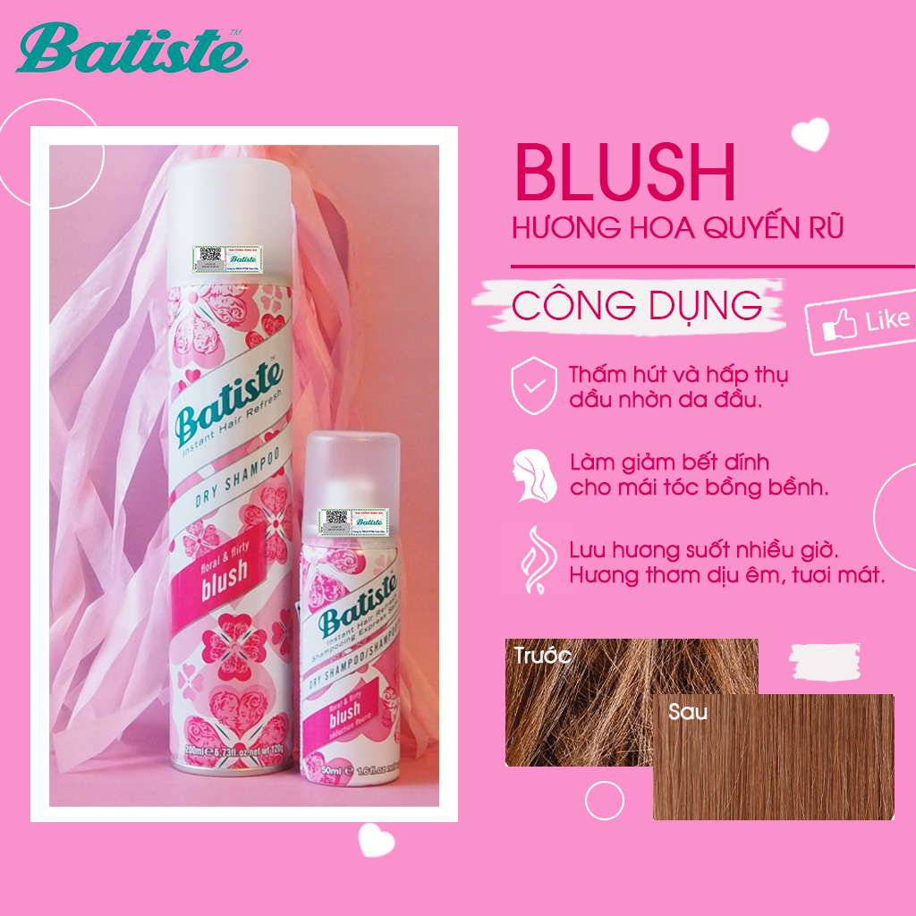 Dầu Gội Khô Batiste Dry Shampoo 50ml Hết Ngứa, Hết Bết Dính Tóc Bồng Bềnh Bóng Mượt Tức Khắc