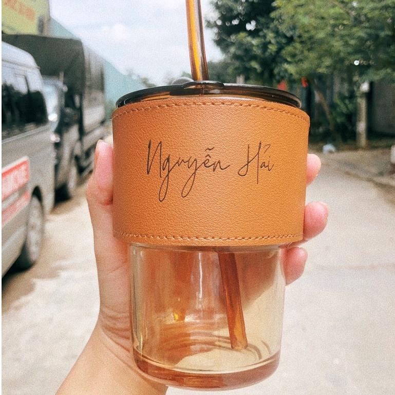 Sỉ 22k- Cốc thuỷ tinh vỏ da có nắp và ống hút, ly uống nước đẹp dung tích 450ml