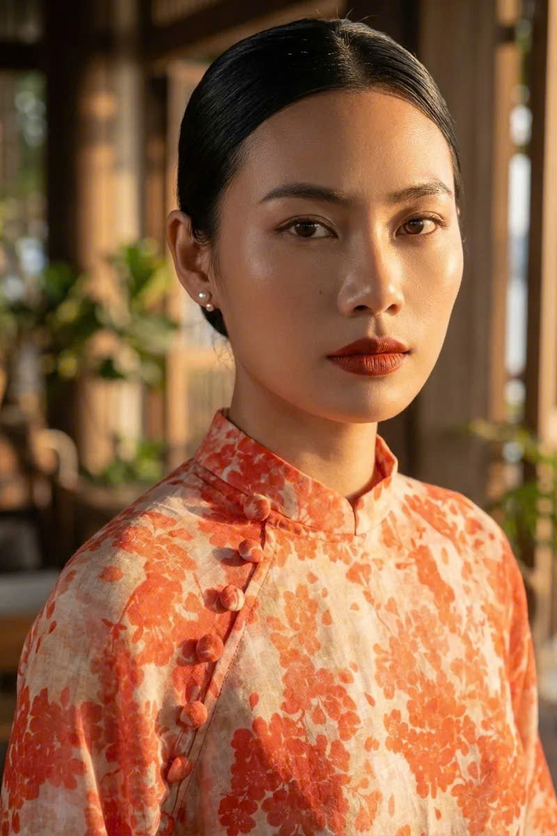 Áo Dài Suông Tay Raglan Vải Gai Xanh Ramie Hoa ADA001 thời trang thiết kế Hity