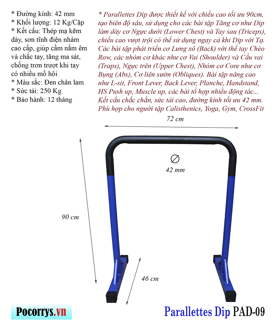 Xà kép Parallettes Dip cao 90cm, Pocorrys PAD-09, Màu đen chân lam