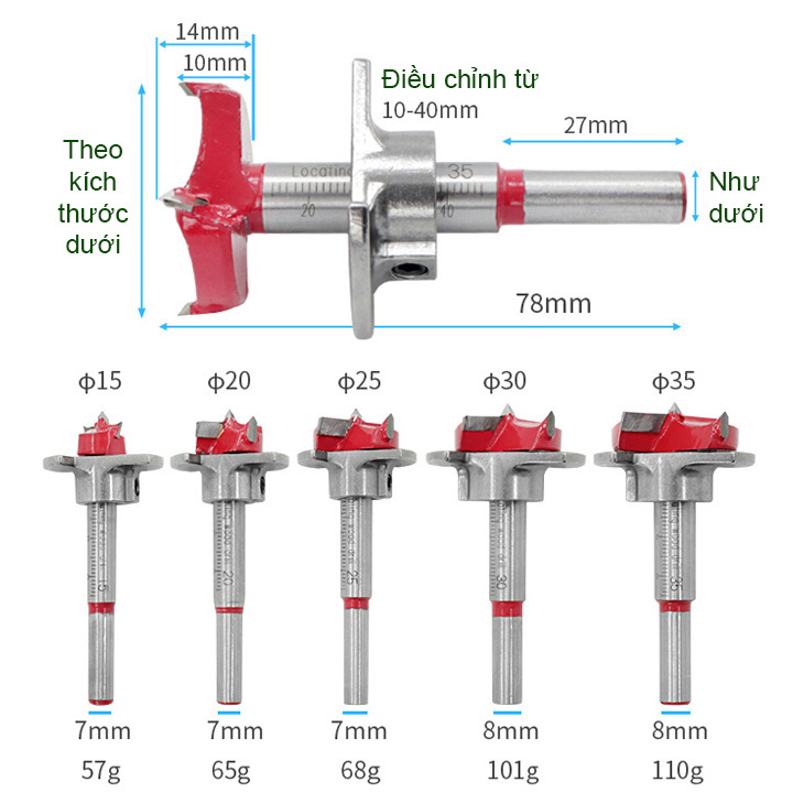 Mũi khoan gỗ lắp bản lề bật, khoan lỗ ốc cam, mũi khoan khoét gỗ có vòng giới hạn độ sâu cần khoan D15-35 tùy chọn