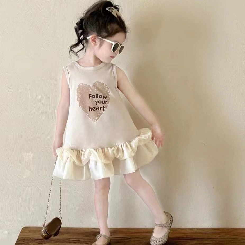Váy hè cho bé gái sát nách 2-7 tuổi in chữ Followw chân ren vải co giãn thấm hút mồ hôi kiểu dáng điệu đà