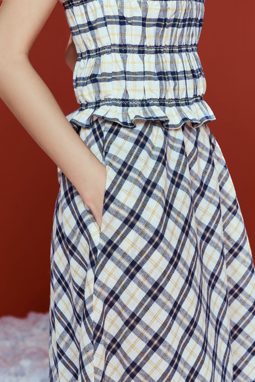 DOTTIE - Chân váy midi kẻ ô - Xanh đen - S0253