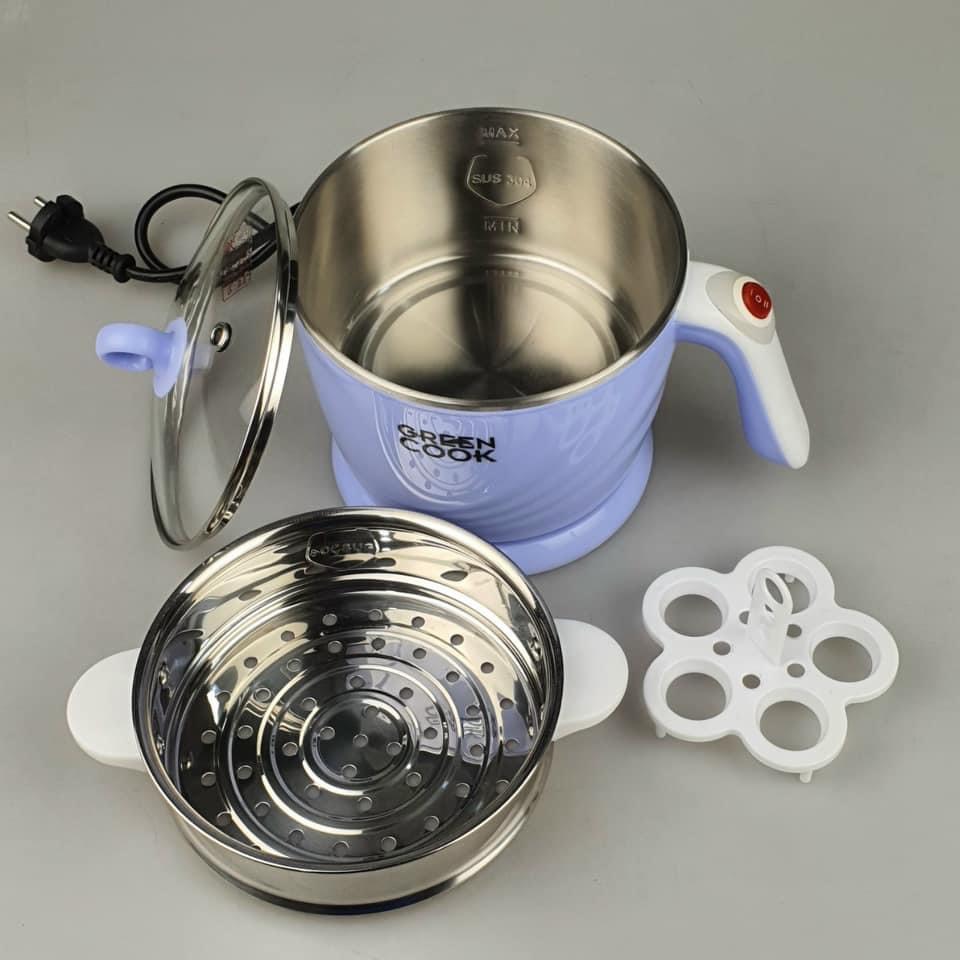 Ca nấu lẩu, nấu mì đa năng mini có tầng hấp Greencook 600W, dung tích 1.2L-Hàng chính hãng