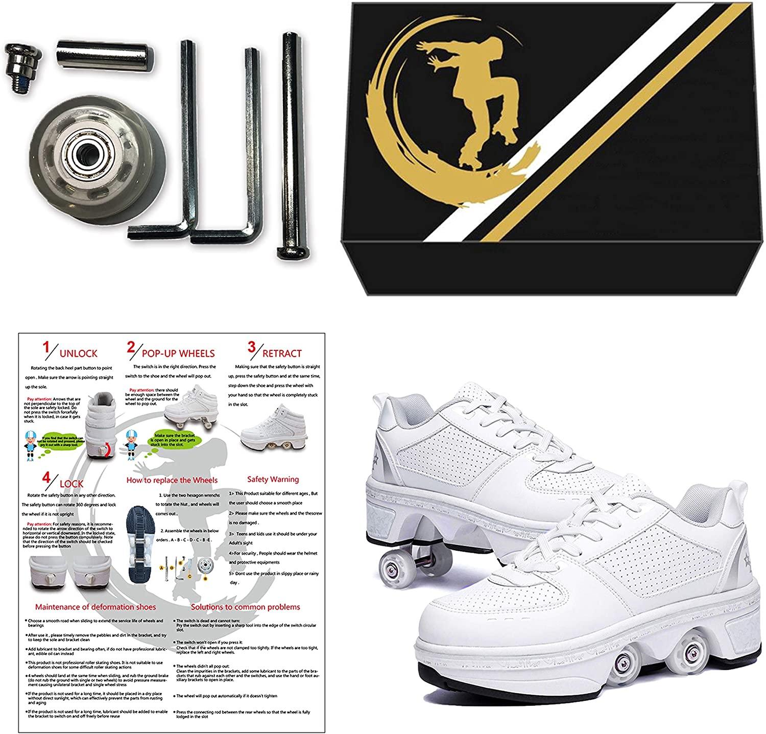 Bánh xe Bánh xe đôi giày thể thao 4 bánh xe trượt tuyết thoáng giày đi bộ đi bộ vô hình ròng rọc con lăn biến dạng ròng rọc vô hình Color: White Shoe Size: 34