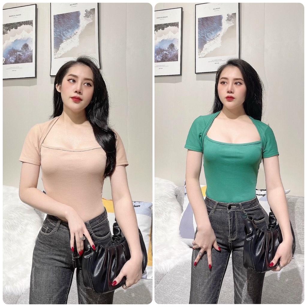 Áo thun nữ ôm body kiểu cổ vuông tay ngắn chất cotton mềm mại phong cách