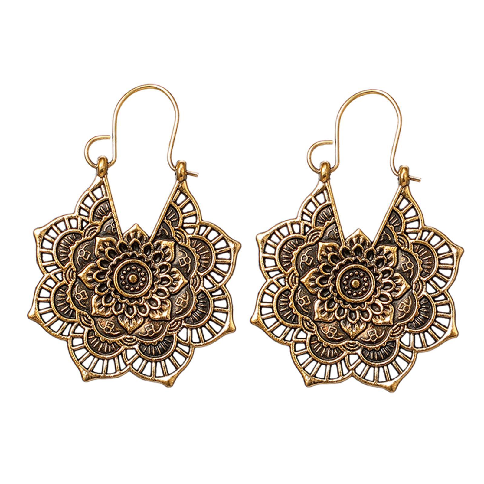 Women Ethnic Earrings Mandala Flower Retro Style Boho Tribal Ear Jewelry Gold