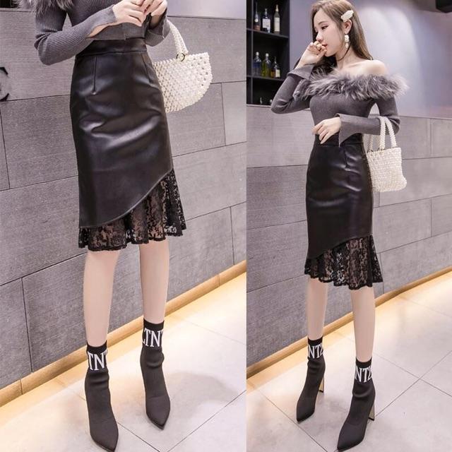 Châ váy da nữ cao cấp phối ren sang chảnh quyến rũ NP741