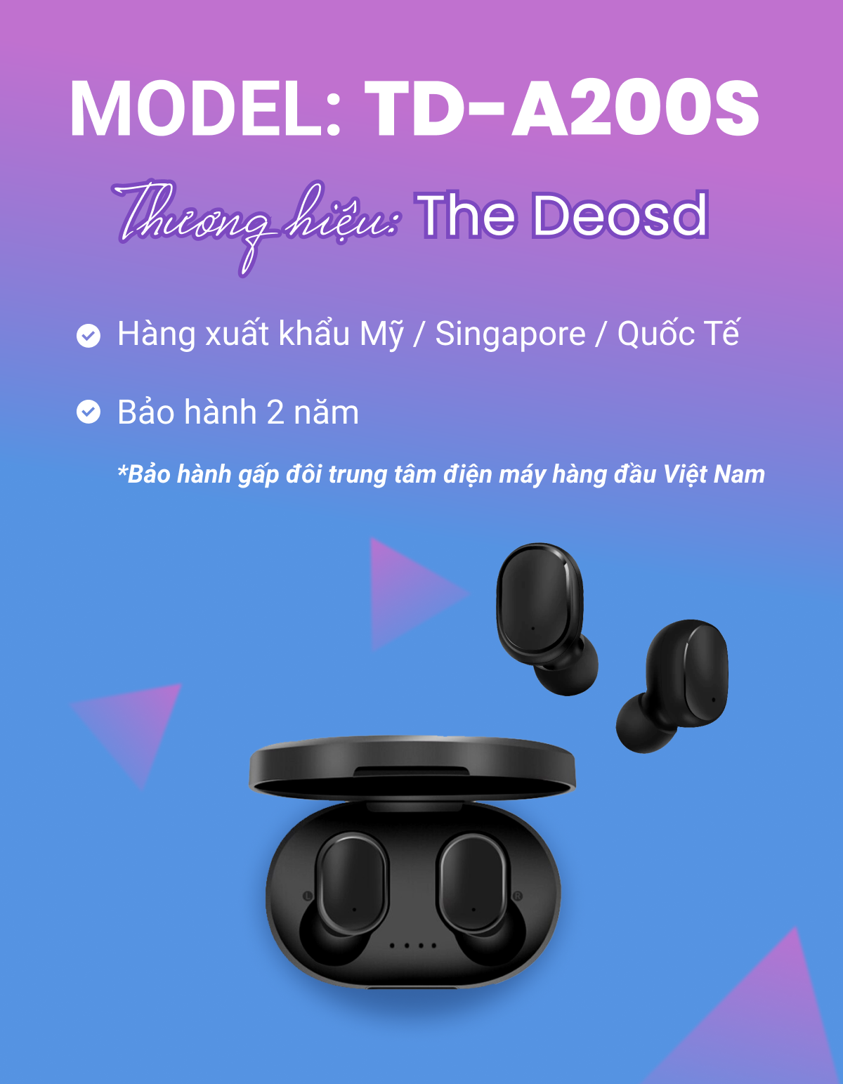 | Xuất Khẩu Mỹ - Nghe 12-15h | - Tai Nghe Bluetooth TWS Không Dây Có Mic  Đàm Thoại - The Deosd TD-A200S C2-X3S - Hàng Chính Hãng