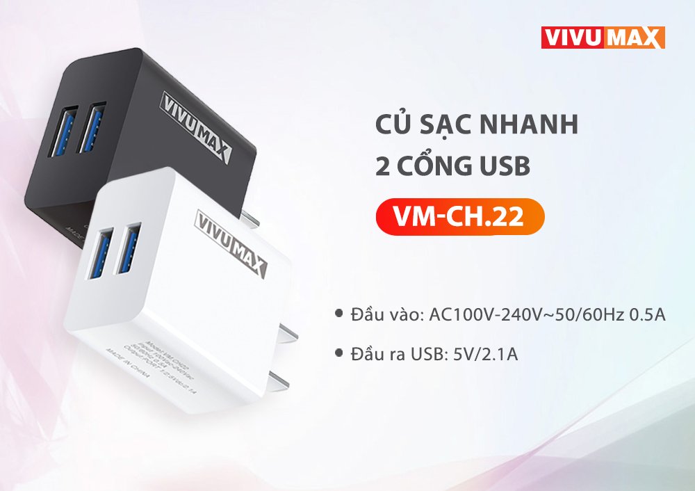 Adapter Vivumax CH22W - 2 cổng USB 5V-2.1 thuận tiện cho việc sạc 2 thiết bị 1 lúc, chất liệu PC chống cháy - Hàng chính hãng