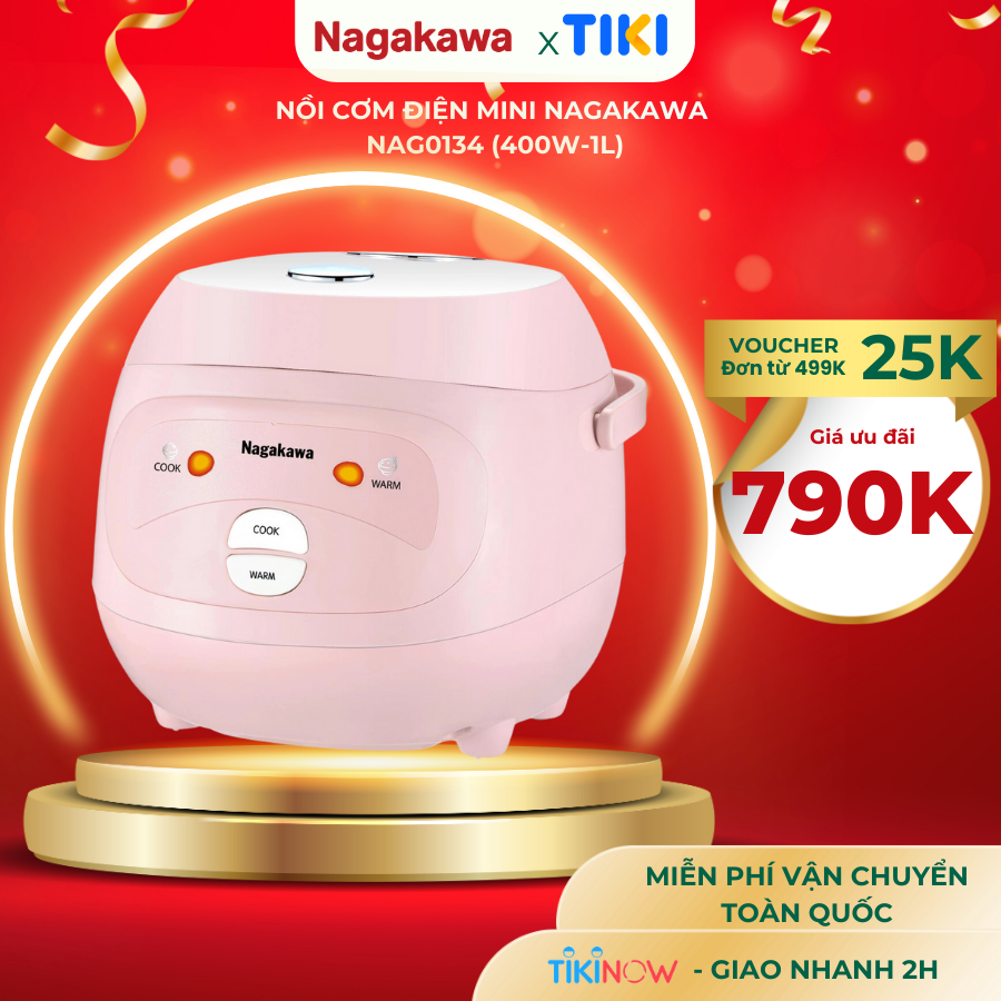 Nồi Cơm Điện Mini Nagakawa Nag0134 Hồng Trắng - Lòng Niêu Chống Dính - 400W - 1L - Hàng Chính Hãng
