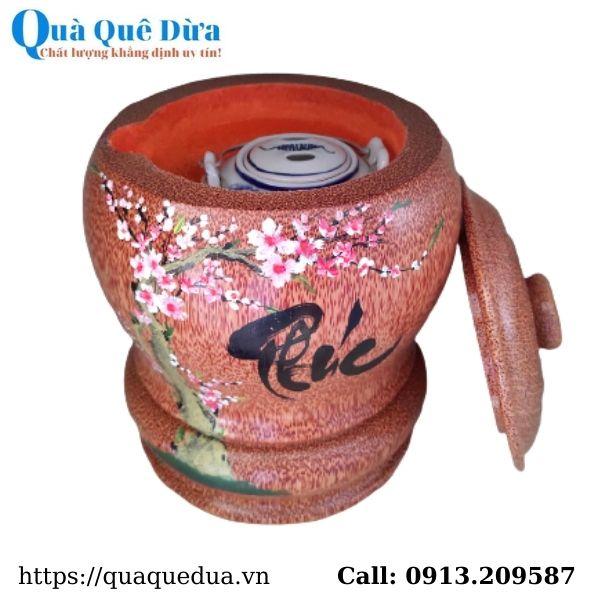 Bình Trà Gỗ Dừa Hoa Văn Lồng Chữ Lộc Và Bình Trà 700 - 950ml - Sản Phẩm Được Sản Xuất Tại Bến Tre