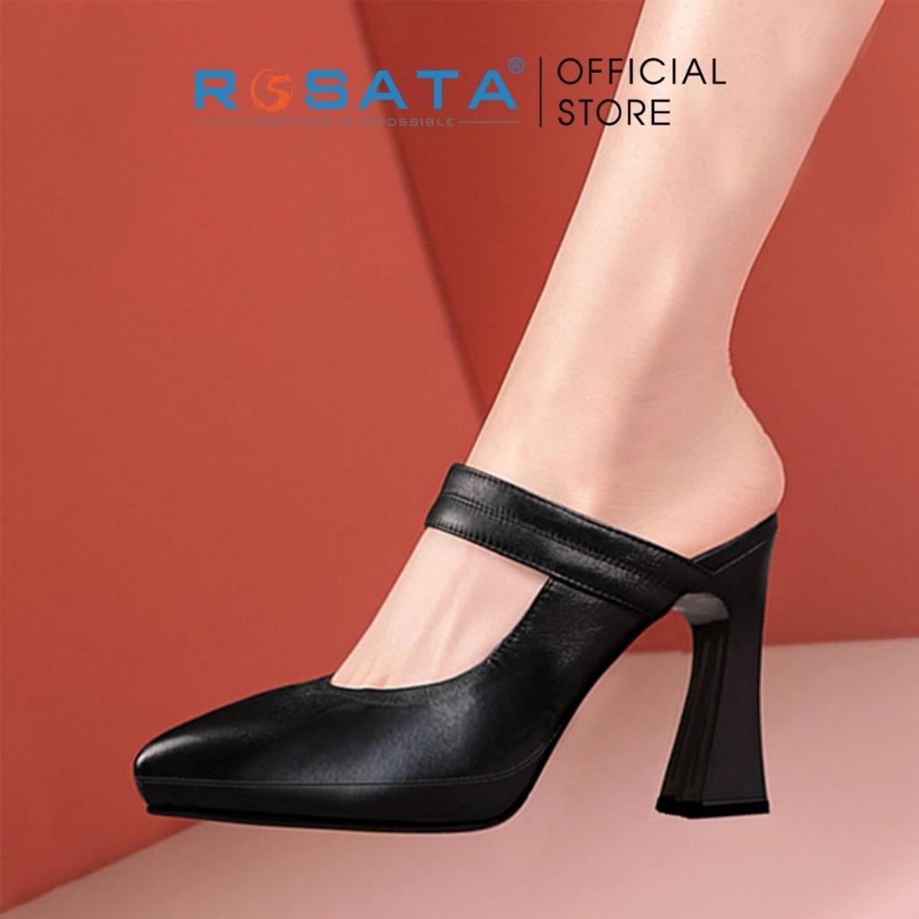 Giày cao gót nữ ROSATA RO466 mũi nhọn xỏ chân quai ngang gót vuông cao 8cm xuất xứ Việt Nam - ĐEN