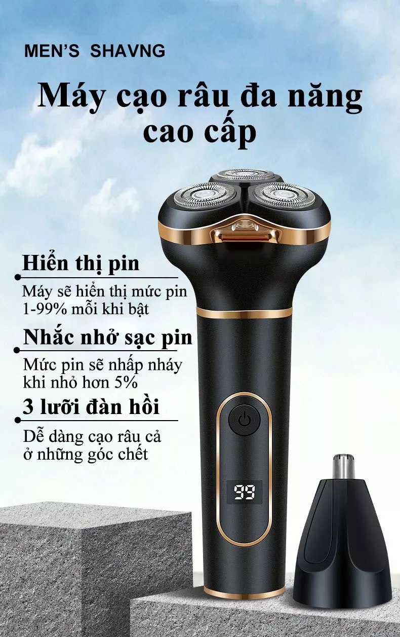 Máy Cạo Râu Đa Năng Cao Cấp - Máy Cạo Râu Kèm Tông Đơ, Máy Tỉa Lông Mũi Có Màn Hình LCD - Máy Cạo Râu Mini 3 in 1 Nhỏ Gọn Tiện Lợi An Toàn Với 3 Lưỡi Dao Cắt Đàn Hồi 4D Cạo Khô Cạo Ướt - Dao Cạo Râu Điện Khô Chống Nước Có Thể Thay Thế