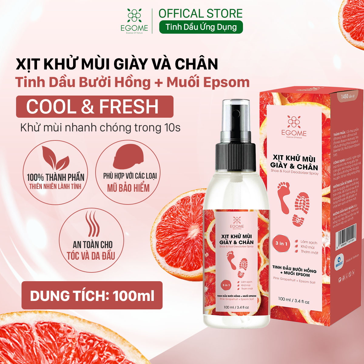 Xịt Khử Mùi Giày Và Chân Egome Tinh Dầu Bưởi Hồng làm sạch và thơm mát 100ml