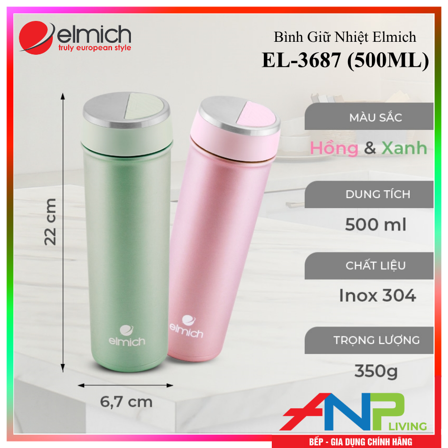 Bình giữ nhiệt inox 304, 3 Lớp Tráng Bạc Elmich EL-3687 - Hàng Chính Hãng