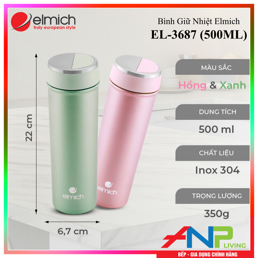 Bình giữ nhiệt inox 304, 3 Lớp Tráng Bạc Elmich EL-3687 (Dung Tích 500ml, Có Túi Đựng Tiện Lợi) - Hàng Chính Hãng