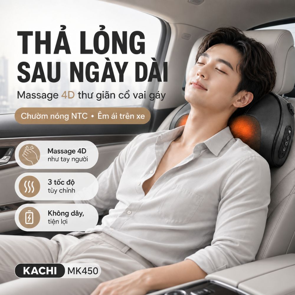 Gối Massage Cổ Vai Gáy Kachi MK450 – Công Nghệ Massage 4D Chườm Nóng - hàng chính hãng