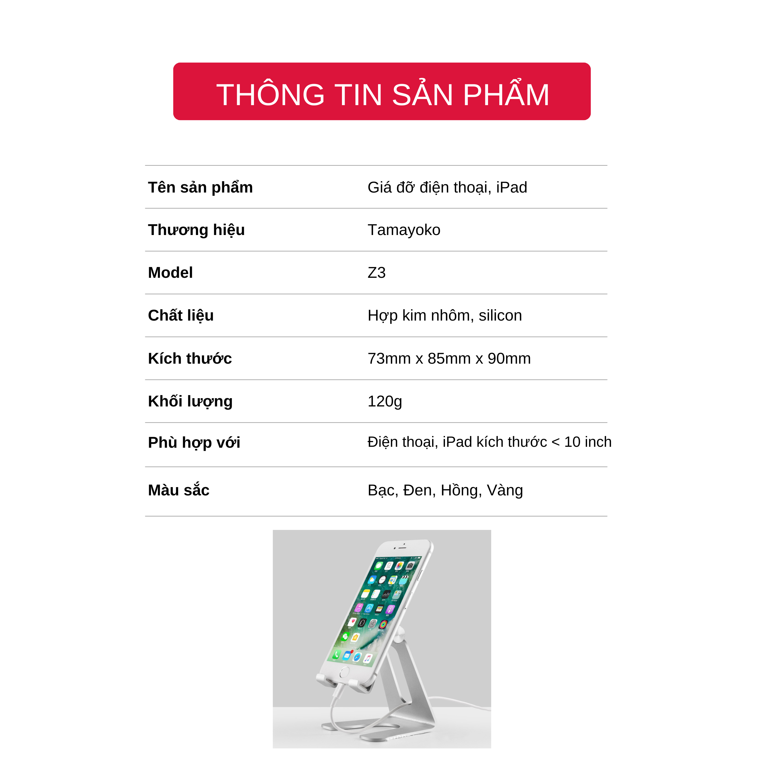 Giá Đỡ Để Bàn Điện Thoại Di Động, Máy Tính Bảng Chất Liệu Hợp Kim Nhôm Cao Cấp Điều Chỉnh Được Góc Nhìn Model Z3- Hàng Chính Hãng Tamayoko