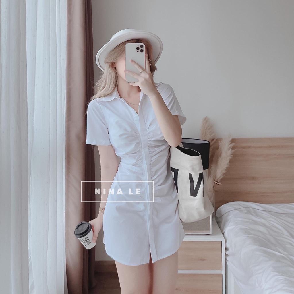 Đầm sơ mi tay ngắn phối hàng nút xếp ly màu sắc (Xanh, Trắng, Cam, Hồng) siêu xinh giúp nàng nổi bật dạo phố, đi biển