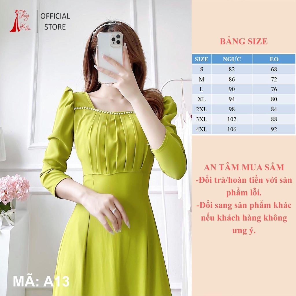 Áo Dài Cách Tân Nữ A13 Xanh Cốm Cổ Vuông Xếp Ly Tay Bồng Lụa Mỹ Cao Cấp Dự Tiệc Lễ Tết Đẹp