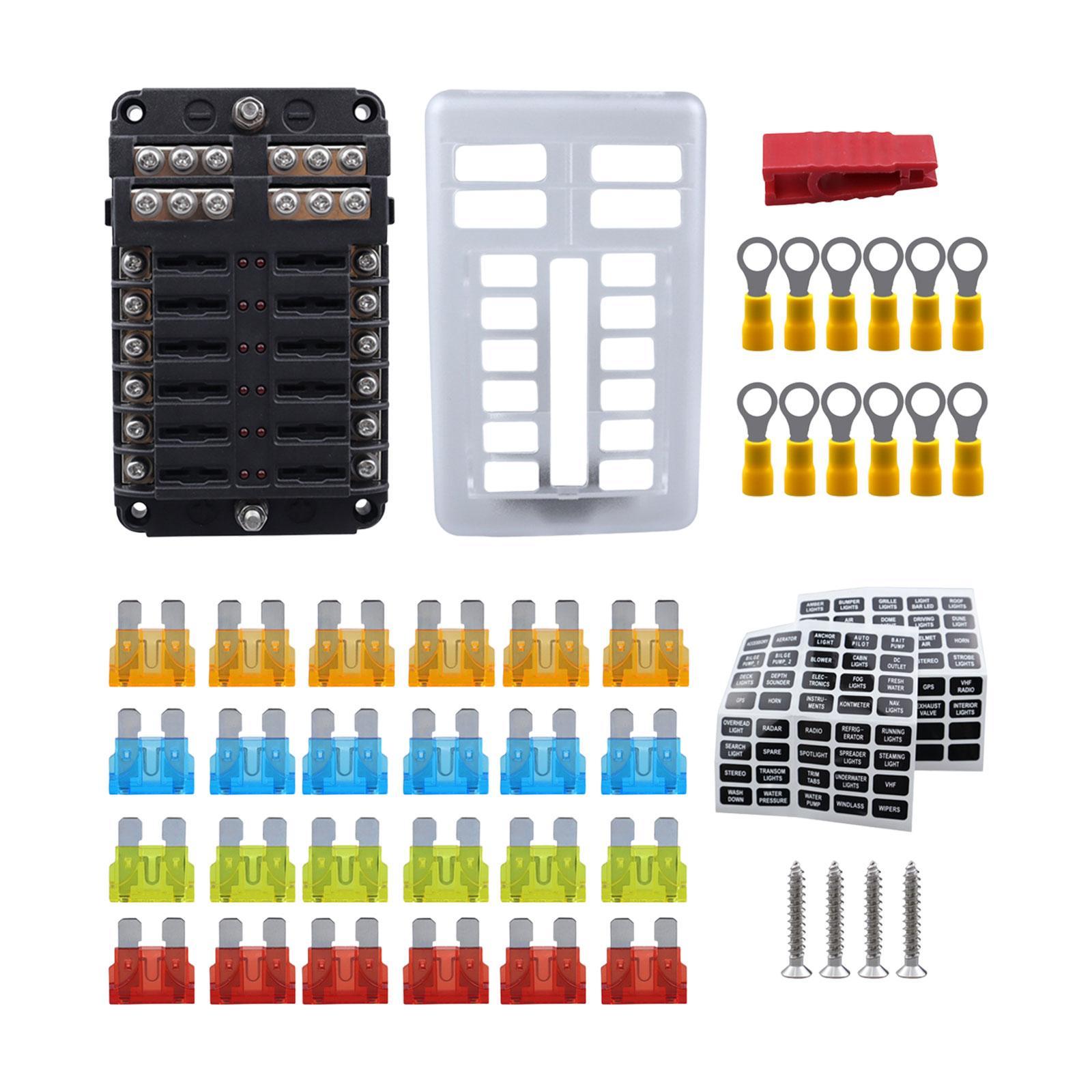 12V Fuse Block Accessory Attachment Professional Waterpoof Replaces 24V 12V 12 Way Marine Fuse Block Fuse Box Holder for Vehicle Van RV