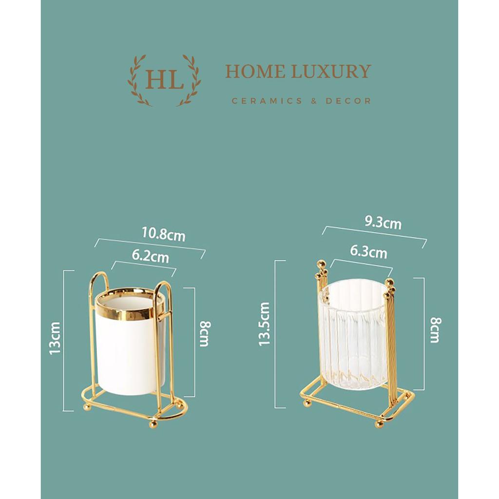 HOT TREND | Giỏ lẵng sứ | Lẵng thủy tinh | Hũ đựng thìa nĩa khung inox chất liệu thủy tinh - sứ hoàng kim viền vàng