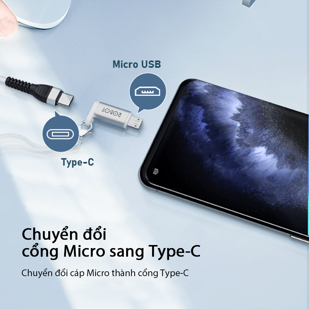 Đầu Chuyển Đổi OTG Cổng Micro-USB Sang TYPE-C ROBOT RT-OTG01 - Chất Liệu Vỏ Kim Loại - Hàng Chính Hãng